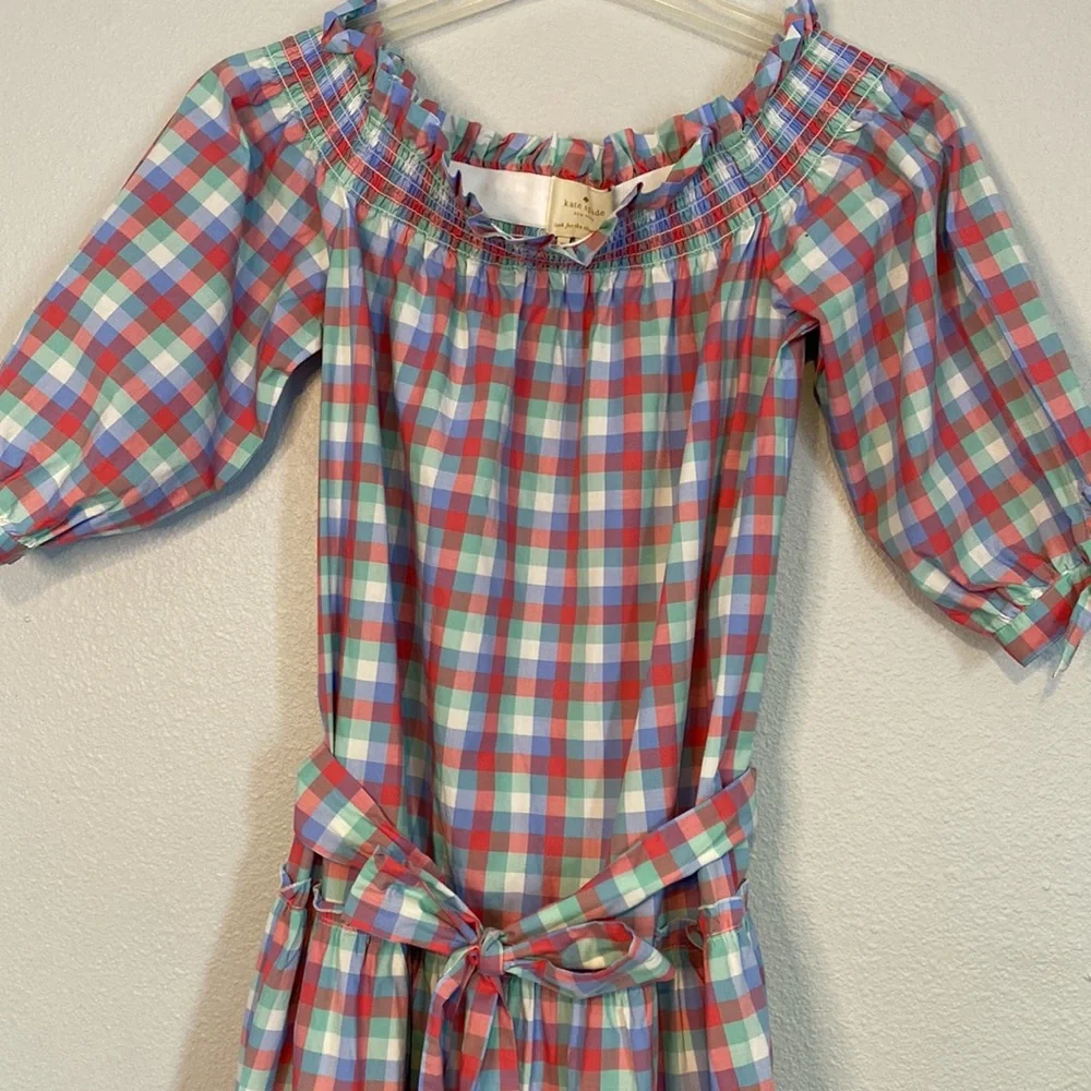 Kate Spade Pink and Blue Plaid Off-Shoulder Midi Dress - Picture 9 of 9